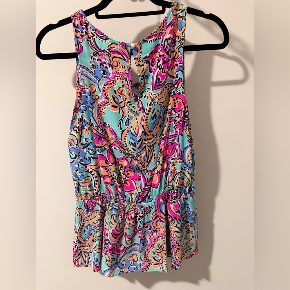 Lilly Pulitzer Aqua Multicolor Paisley Peplum Tank Top - Picture 2 of 3